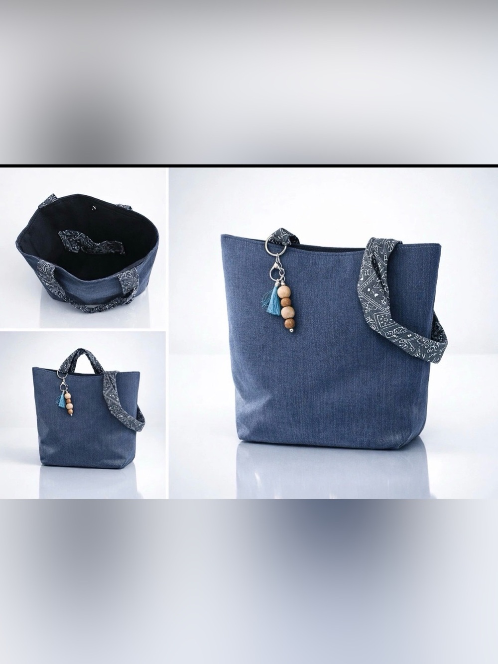 Blue Denim  LookTote Bag with Patterned Strap and Tassel Charm Handmade